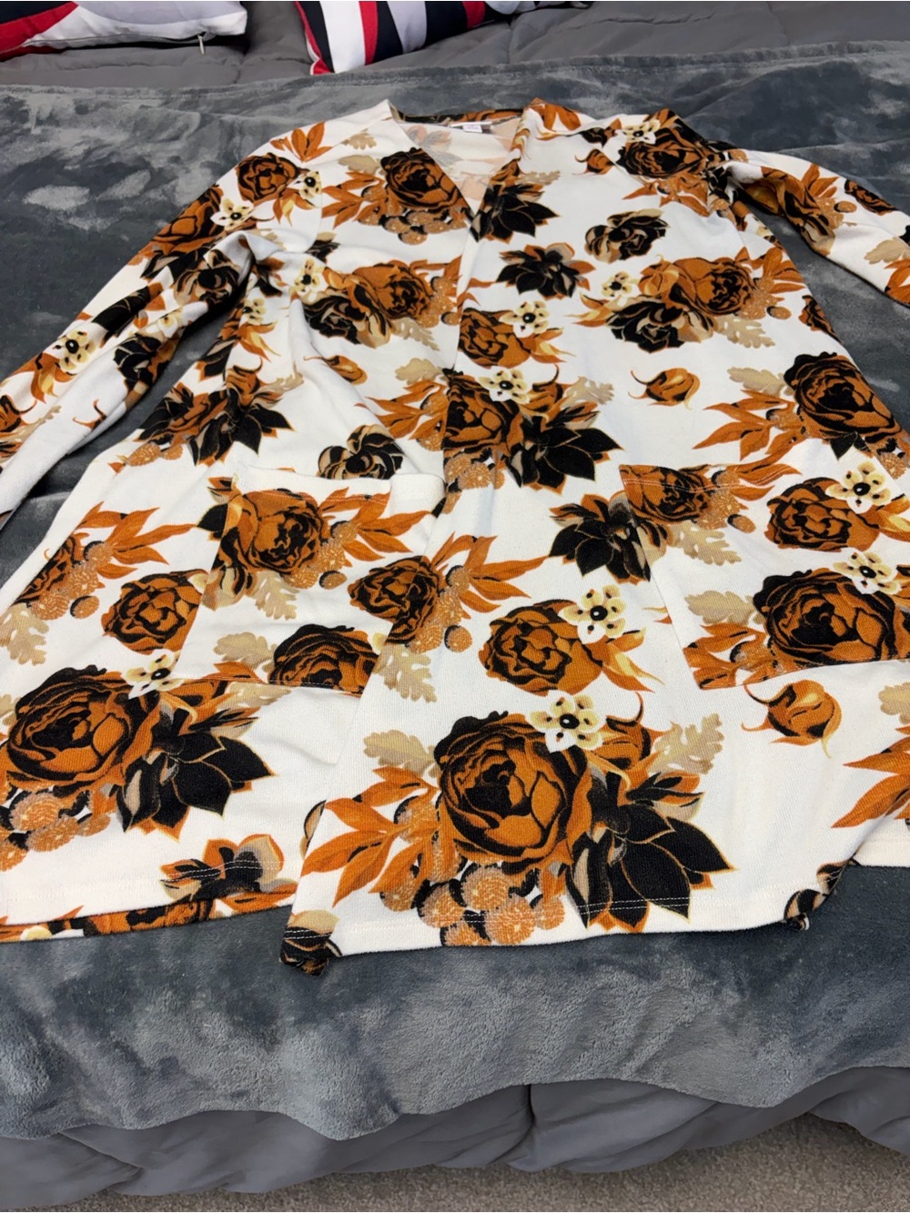 LuLaRoe Caroline cardigan in White, Rust & Black Floral